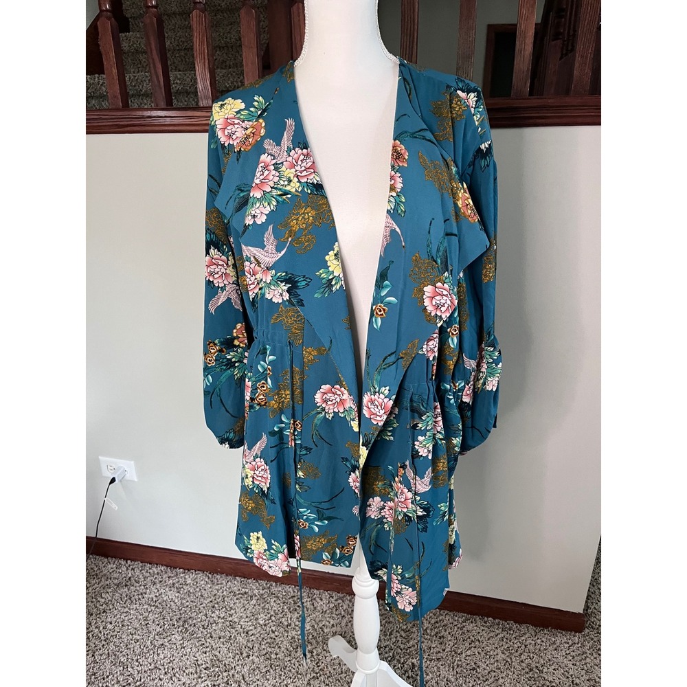 Loralette Teal Floral Crane Print Drawstring Kimono Jacket Plus Size 4X Womens